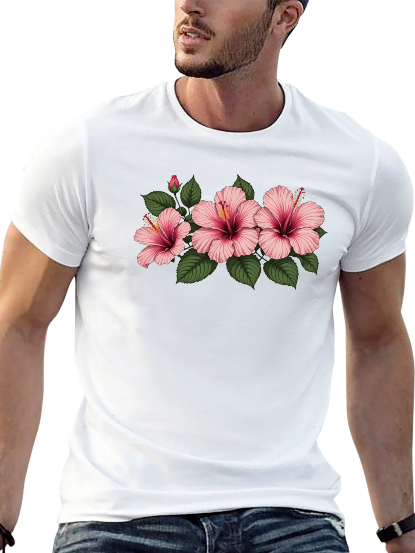 Black Floral T-Shirt with Pink Hibiscus Flowers