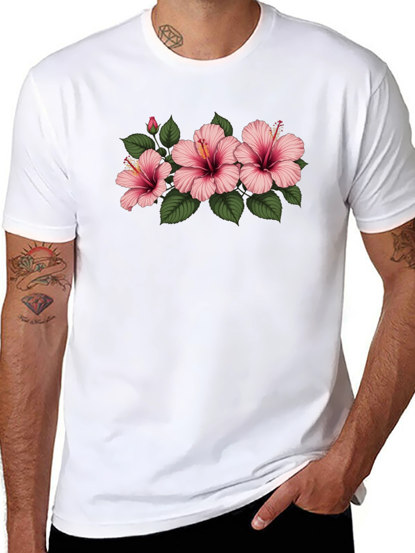 Black Floral T-Shirt with Pink Hibiscus Flowers