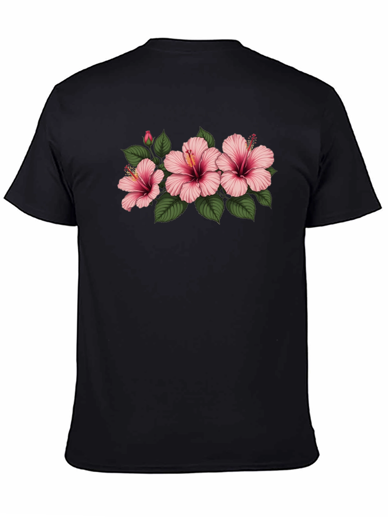 Black Floral T-Shirt with Pink Hibiscus Flowers