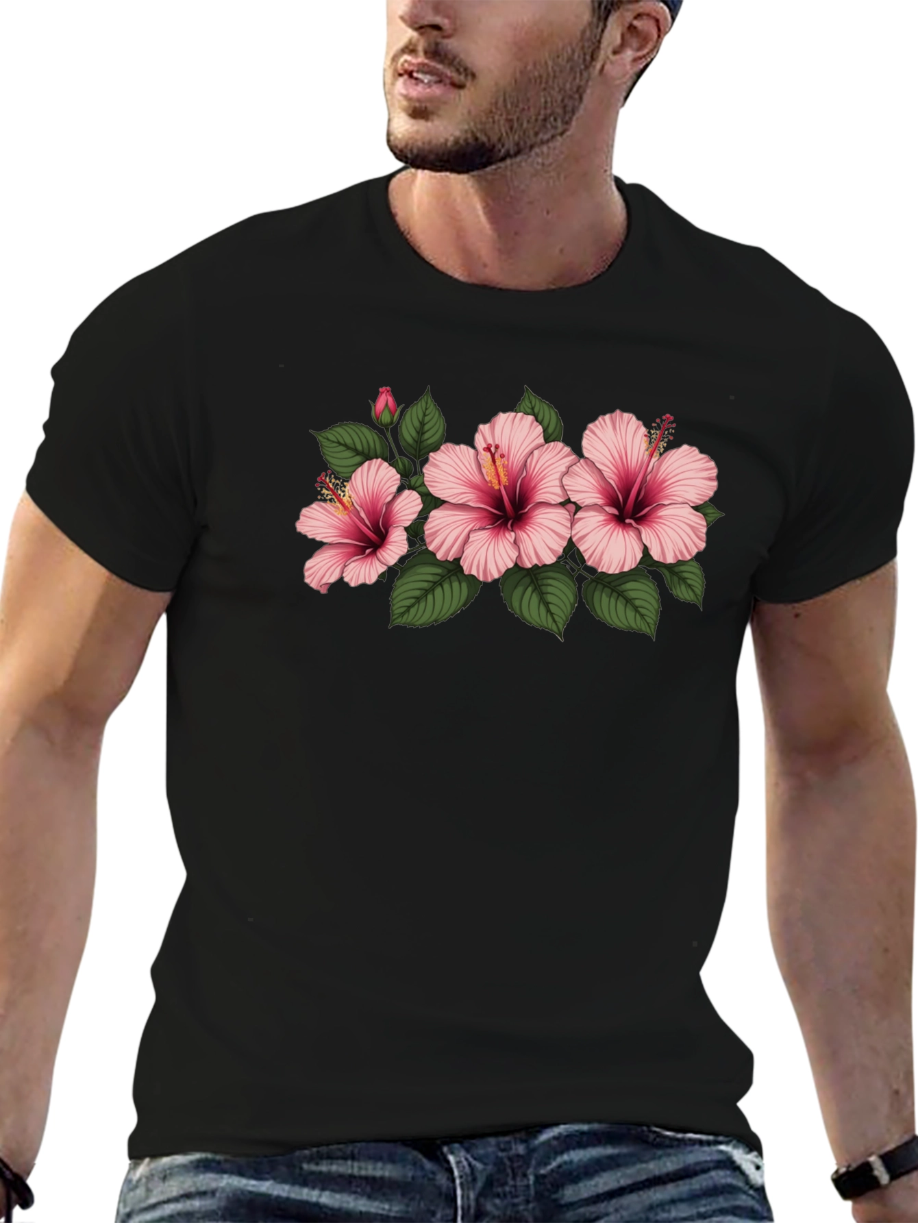 Black Floral T-Shirt with Pink Hibiscus Flowers