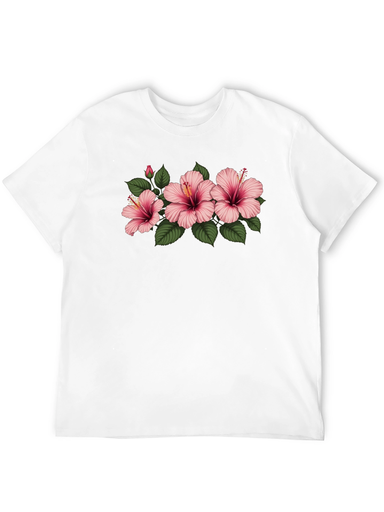 Black Floral T-Shirt with Pink Hibiscus Flowers
