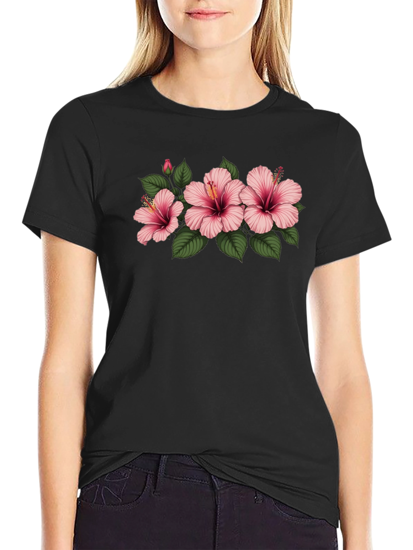 Black Floral T-Shirt with Pink Hibiscus Flowers