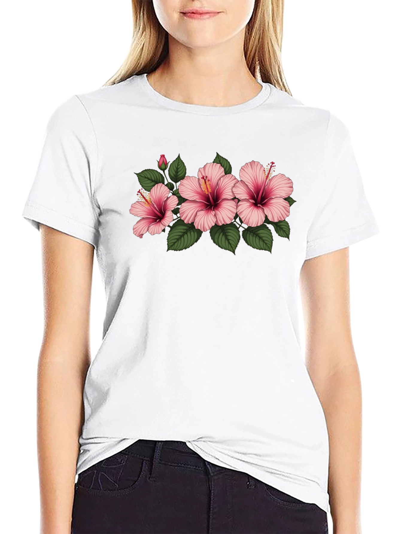 Black Floral T-Shirt with Pink Hibiscus Flowers
