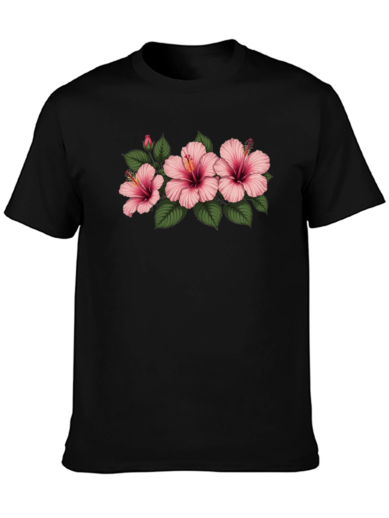 Black Floral T-Shirt with Pink Hibiscus Flowers