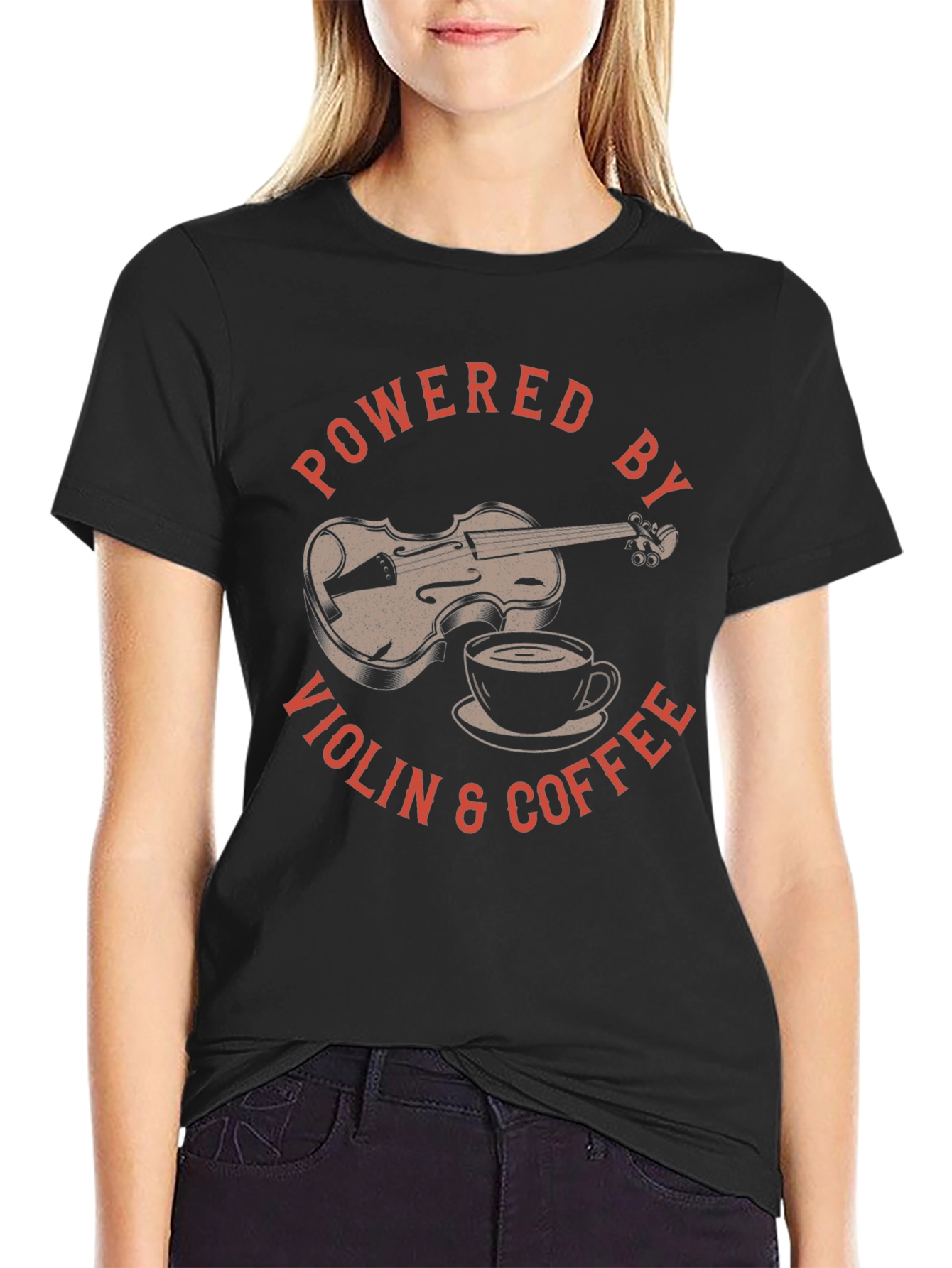 Powered By Violin & Coffee Black Graphic T-Shirt
