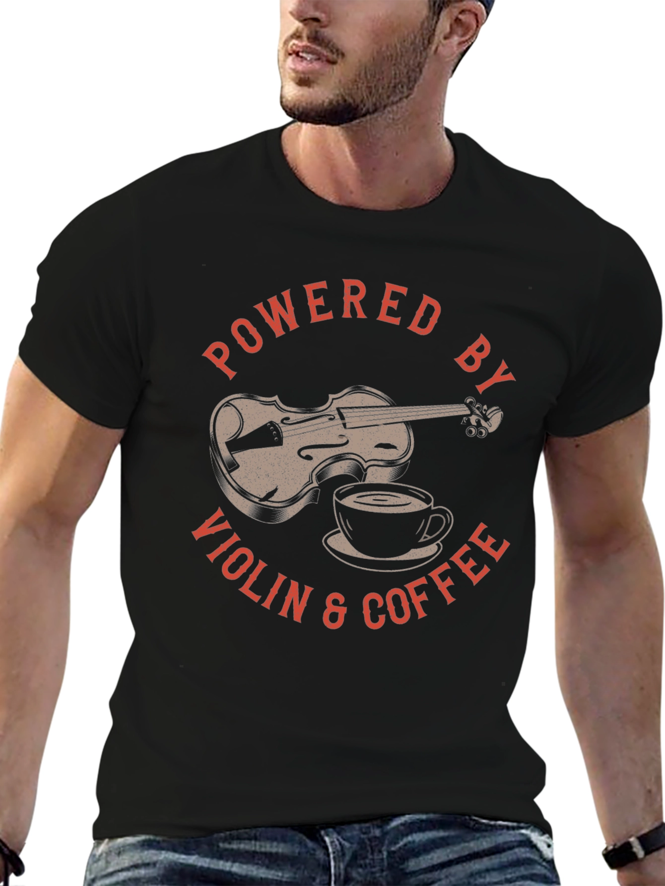 Powered By Violin & Coffee Black Graphic T-Shirt