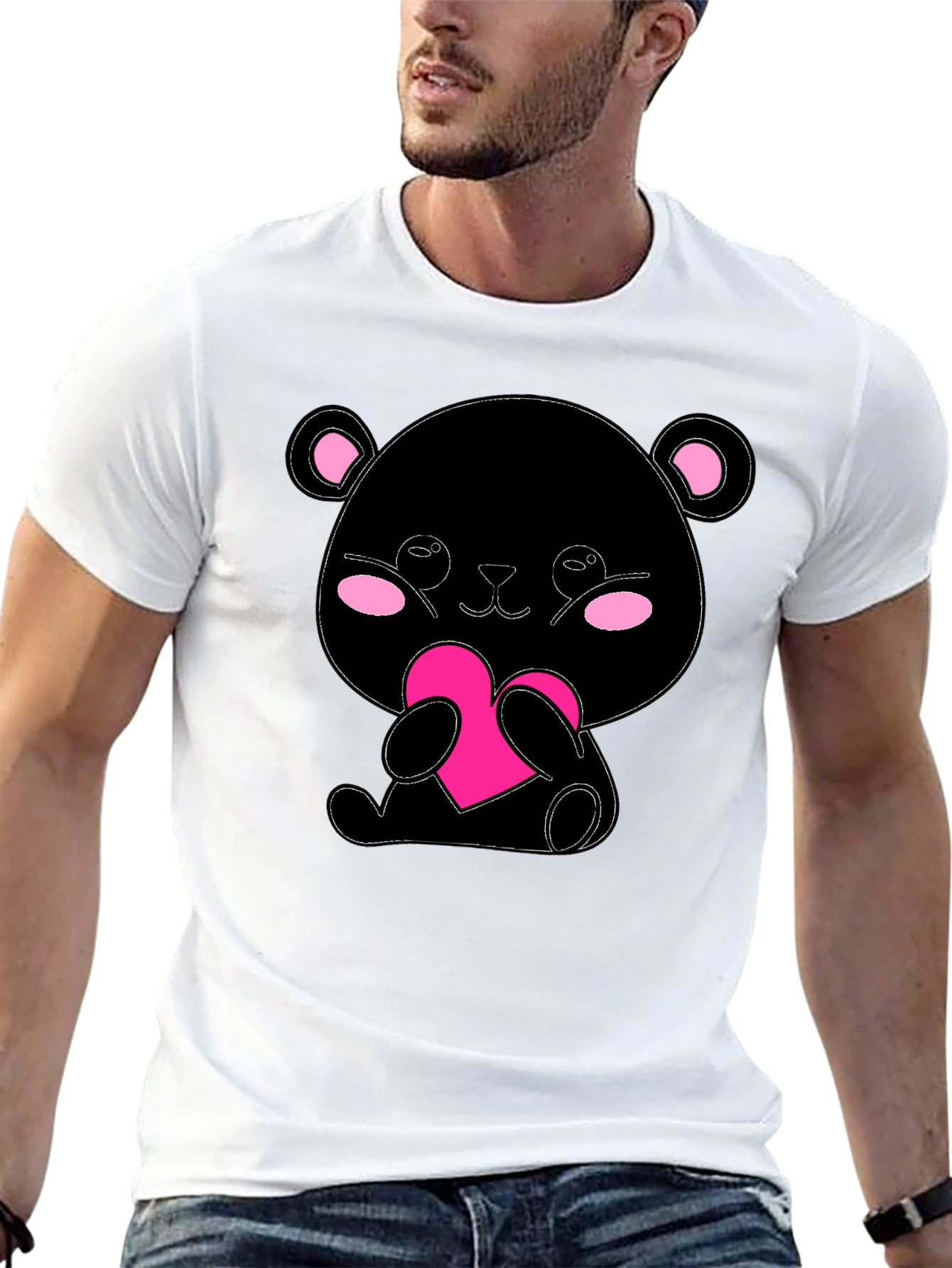 Cute Bear with Heart Graphic Tee - Black