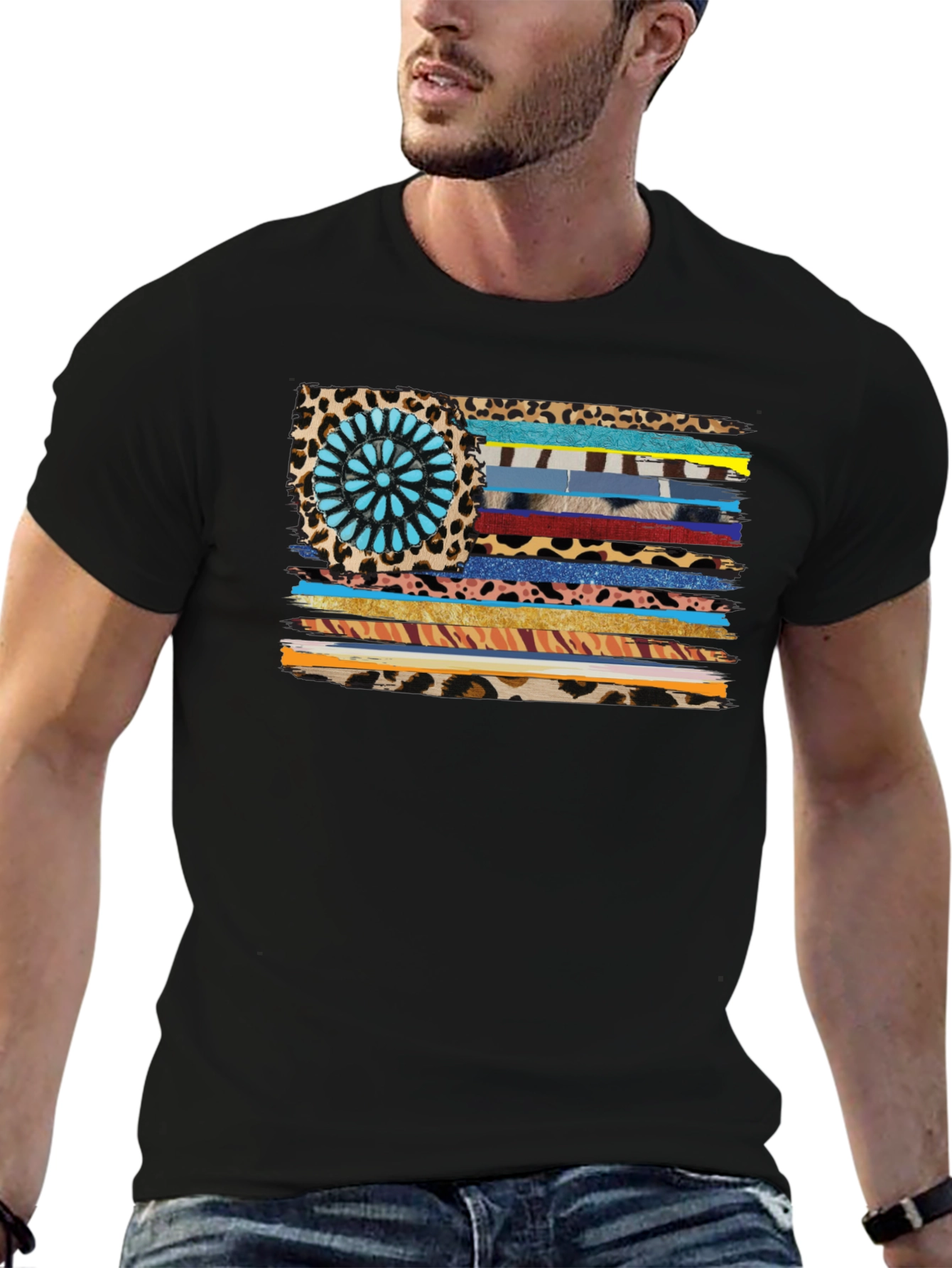 Western Style Flag Graphic Tee - Black Cotton