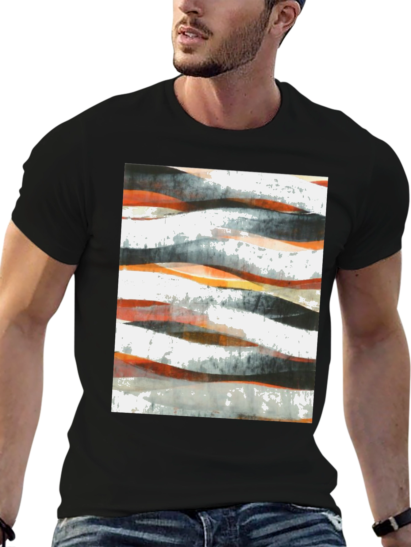 Abstract Wave Print Black T-Shirt