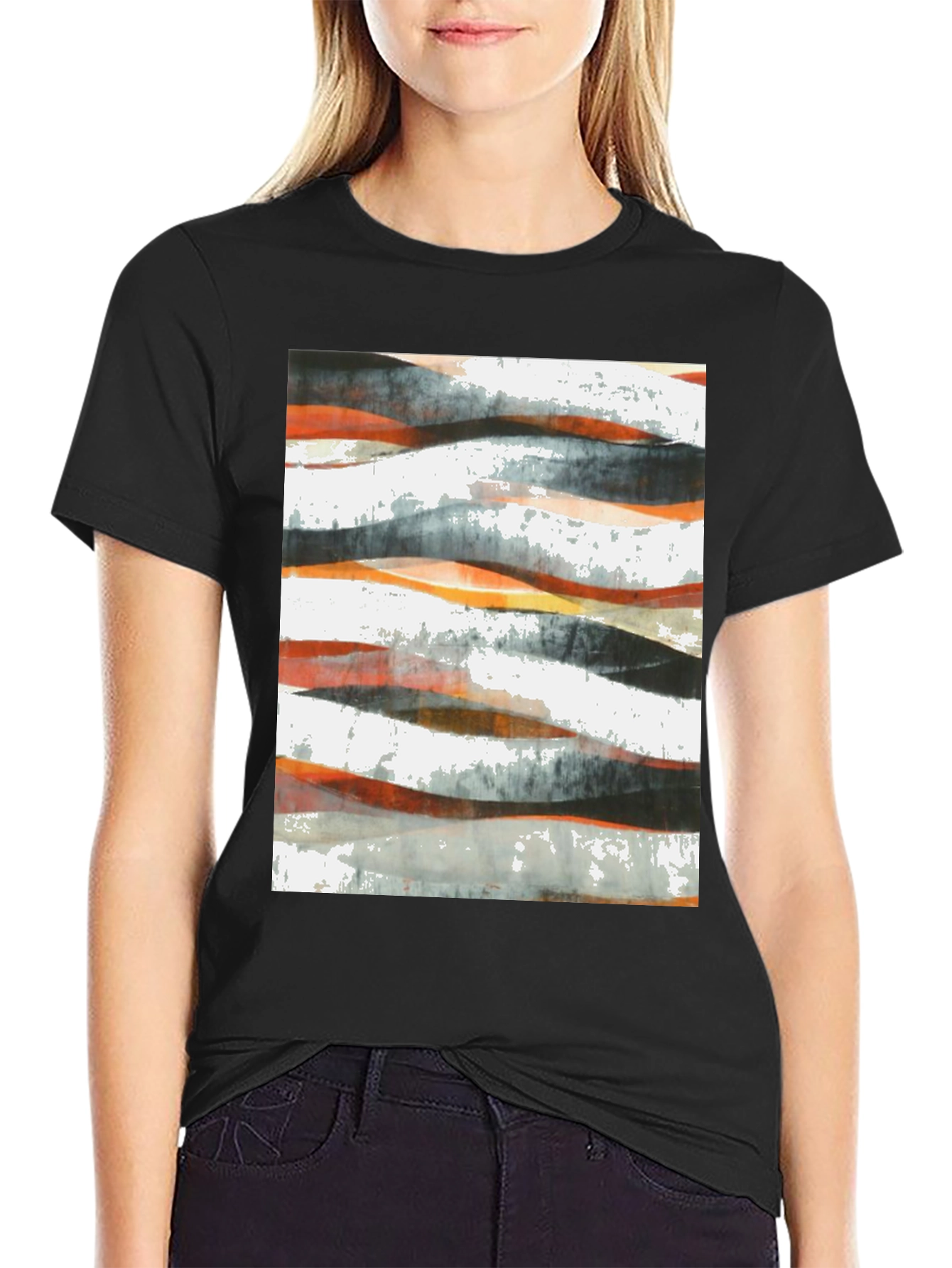 Abstract Wave Print Black T-Shirt