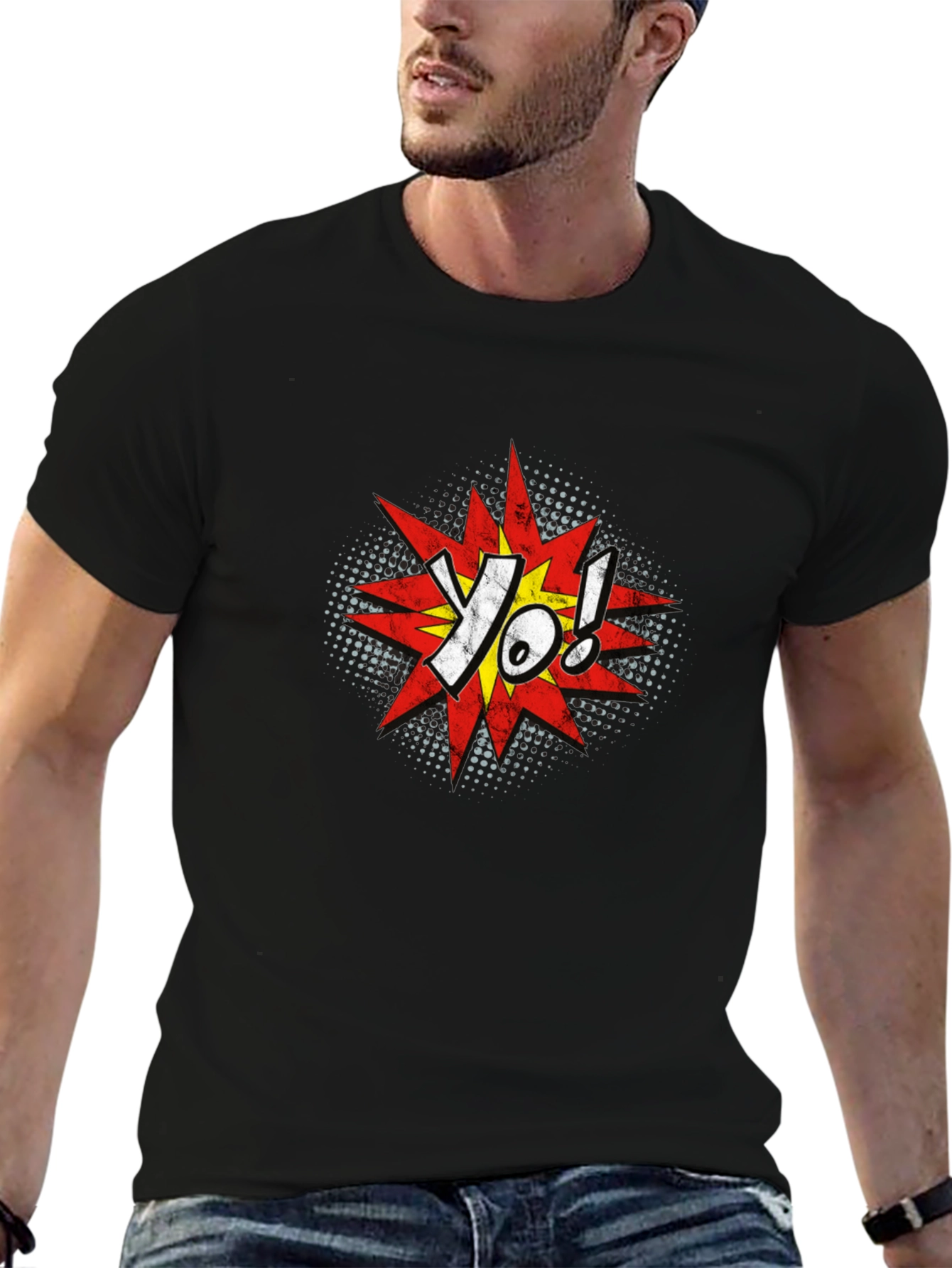 Yo! Comic Style Graphic T-Shirt - Black