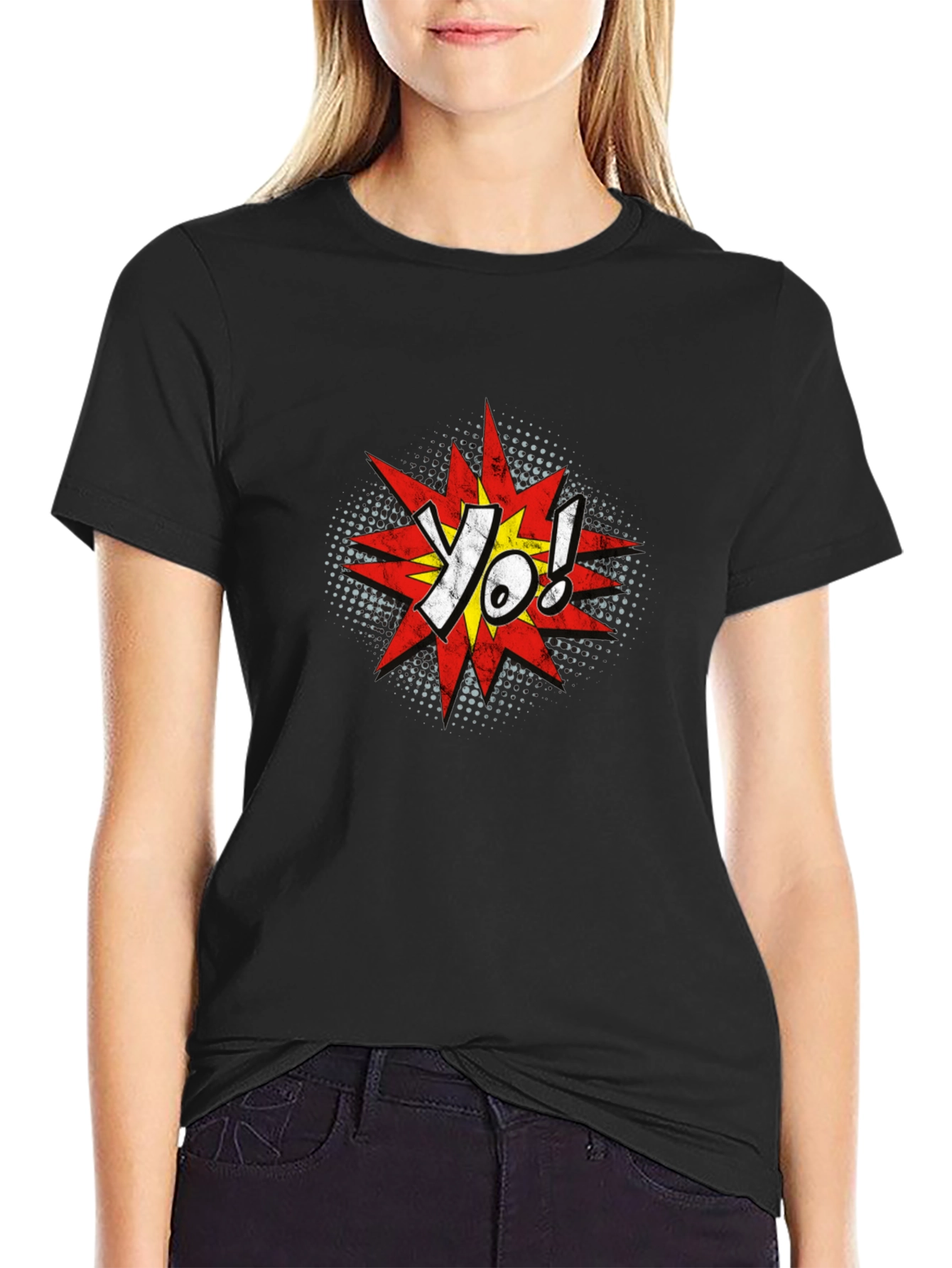 Yo! Comic Style Graphic T-Shirt - Black