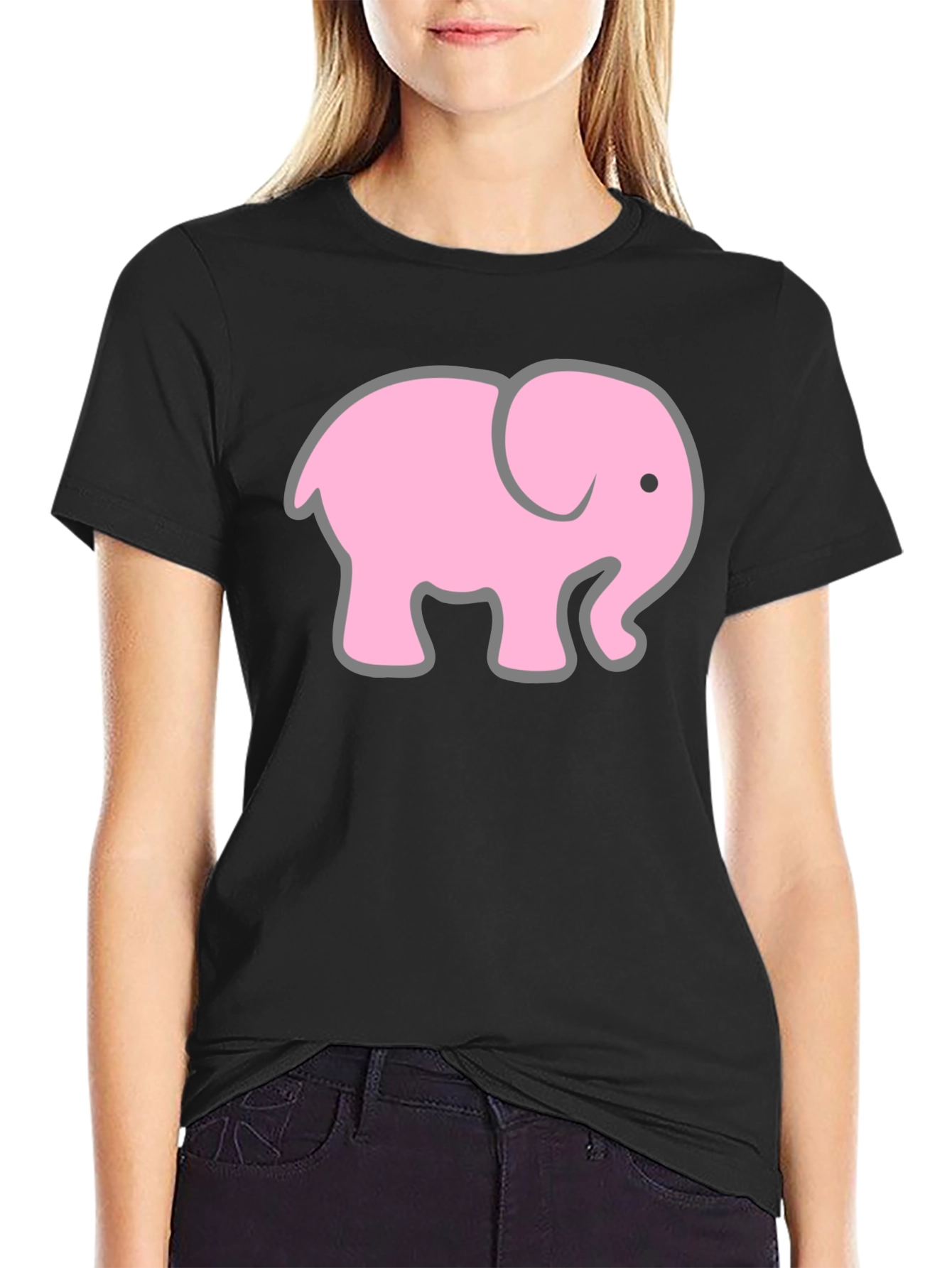 Black T-Shirt with Pink Elephant Graphic