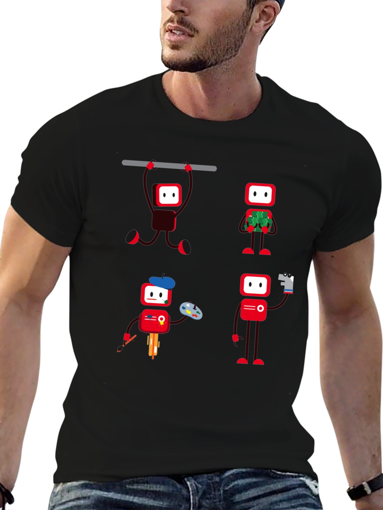 Quirky Robot Graphic T-Shirt - Black