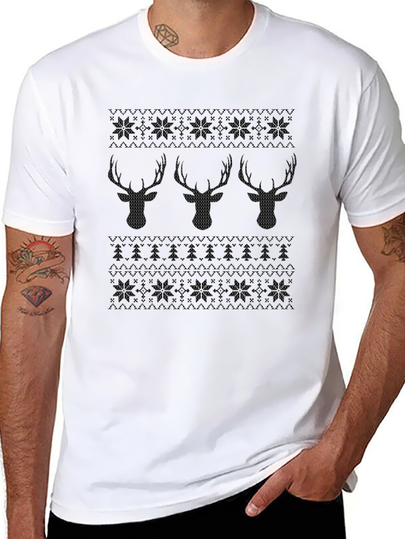 Festive Reindeer Knit Pattern Black T-Shirt