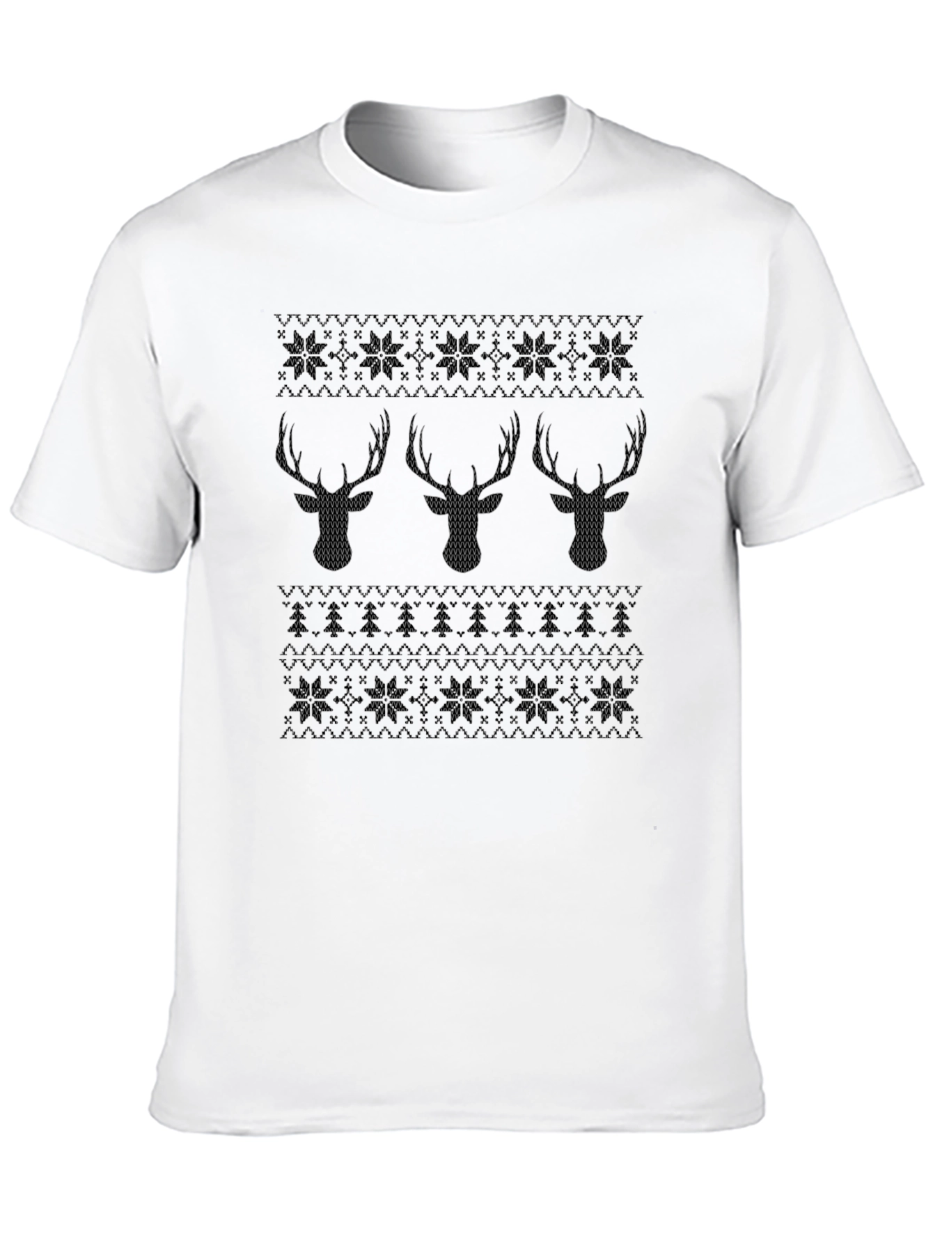 Festive Reindeer Knit Pattern Black T-Shirt