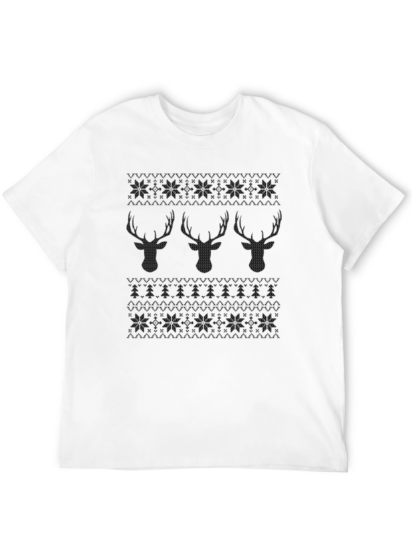 Festive Reindeer Knit Pattern Black T-Shirt