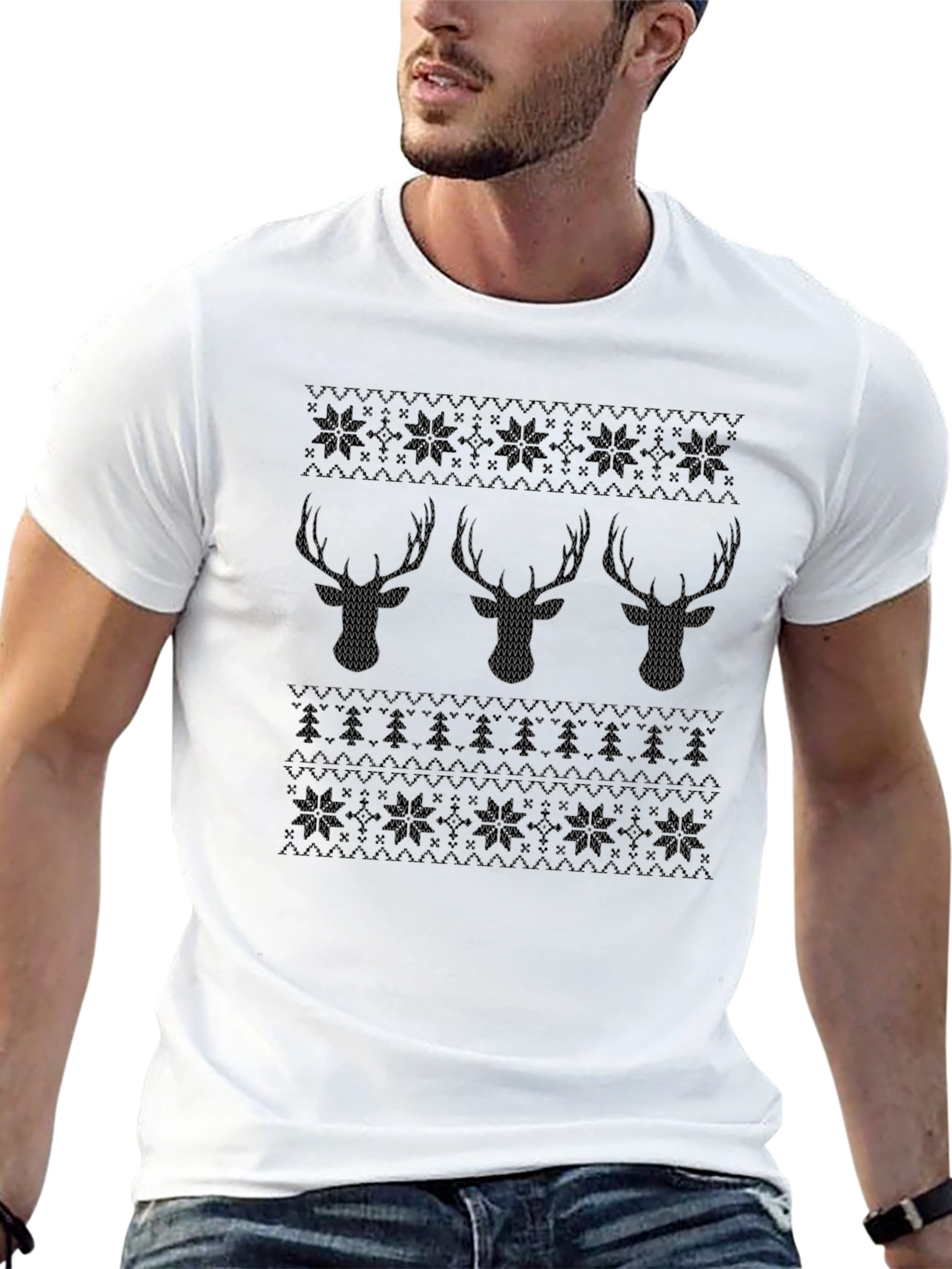 Festive Reindeer Knit Pattern Black T-Shirt