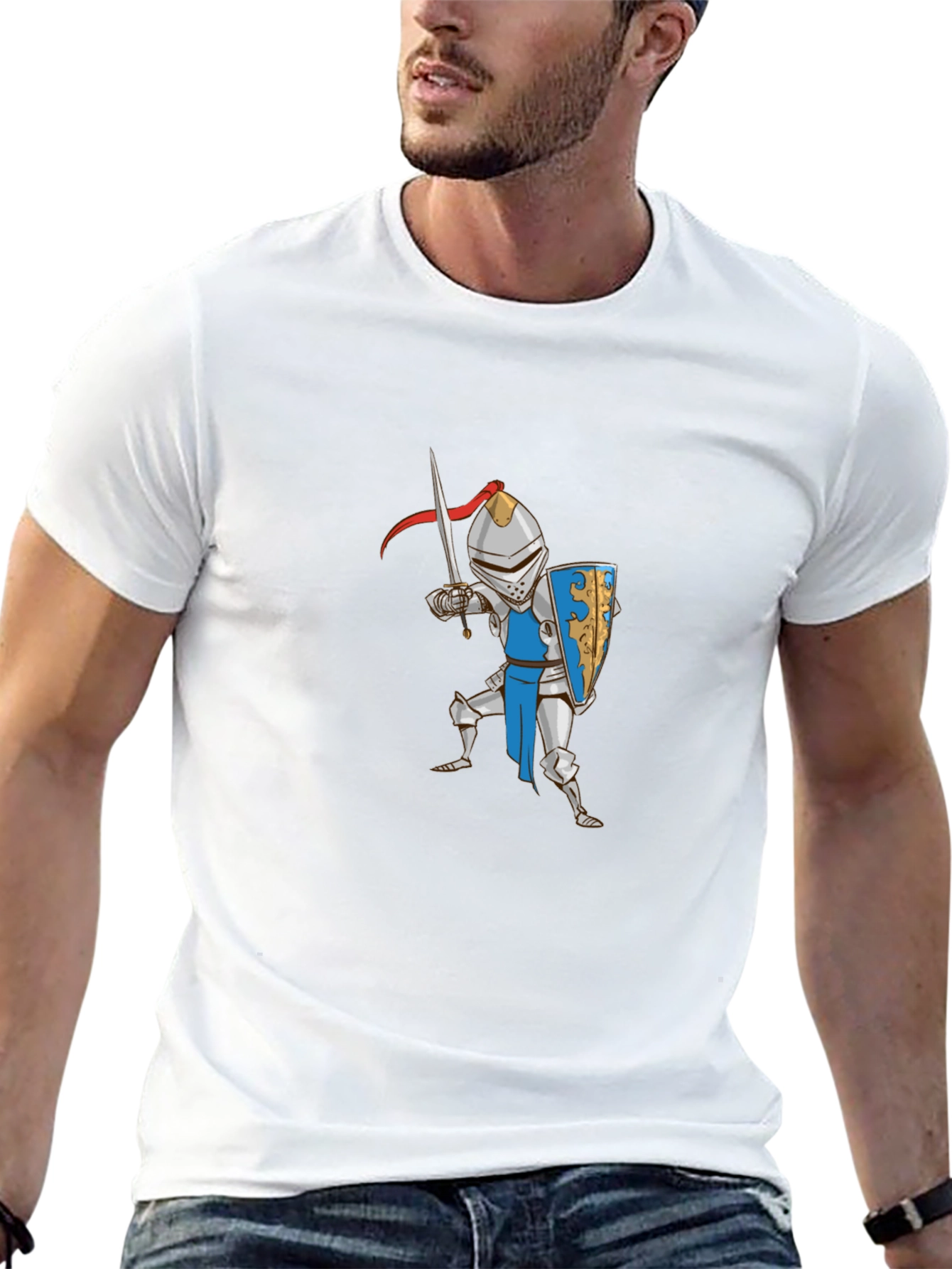 Cartoon Knight Graphic Tee - Black Cotton T-Shirt