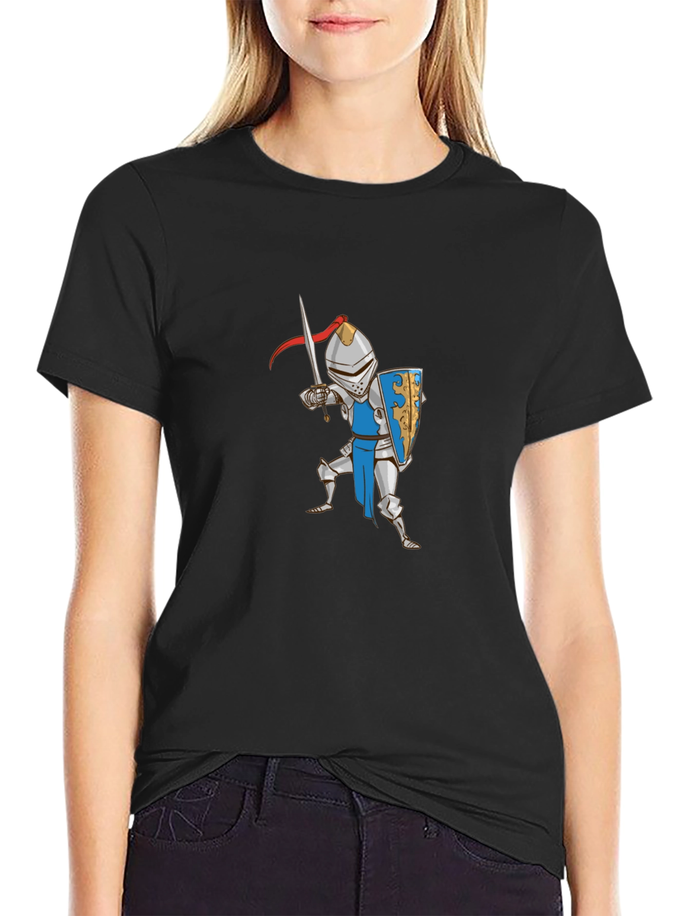 Cartoon Knight Graphic Tee - Black Cotton T-Shirt