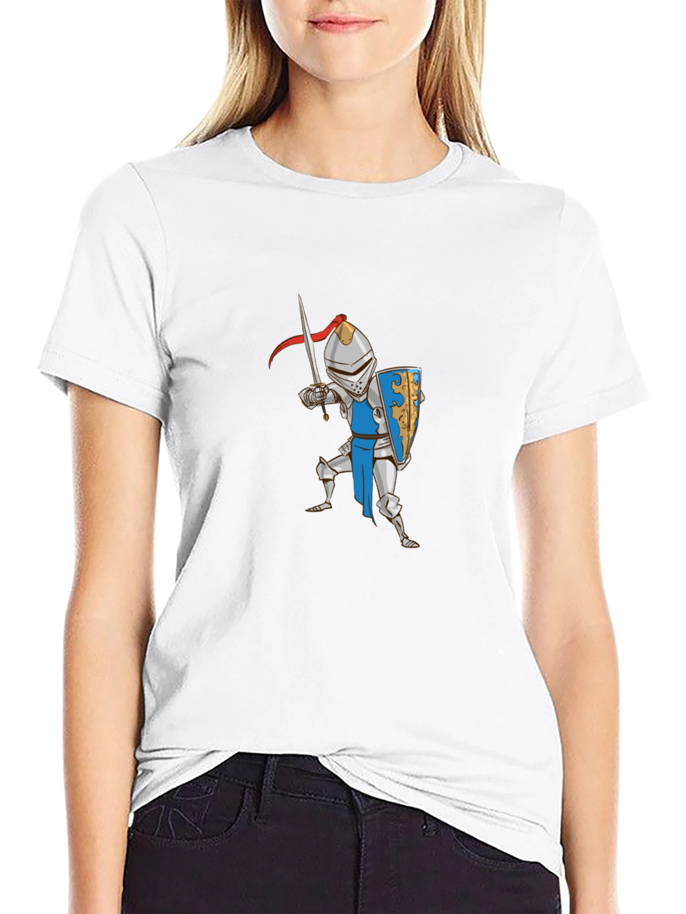 Cartoon Knight Graphic Tee - Black Cotton T-Shirt