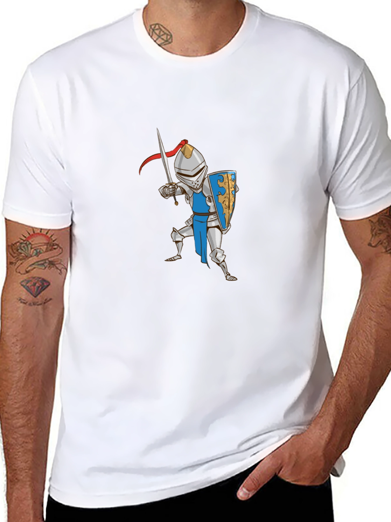 Cartoon Knight Graphic Tee - Black Cotton T-Shirt