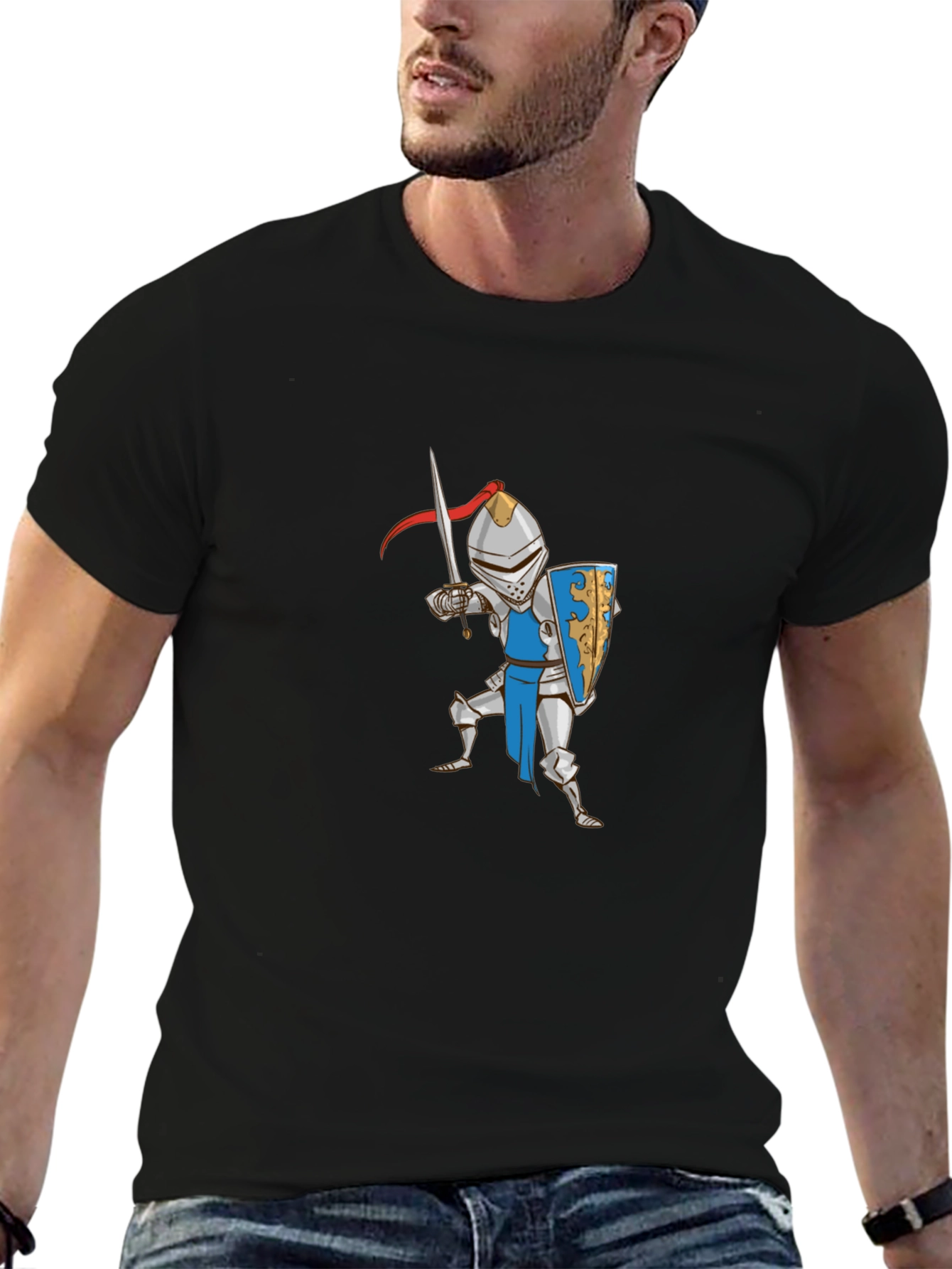 Cartoon Knight Graphic Tee - Black Cotton T-Shirt