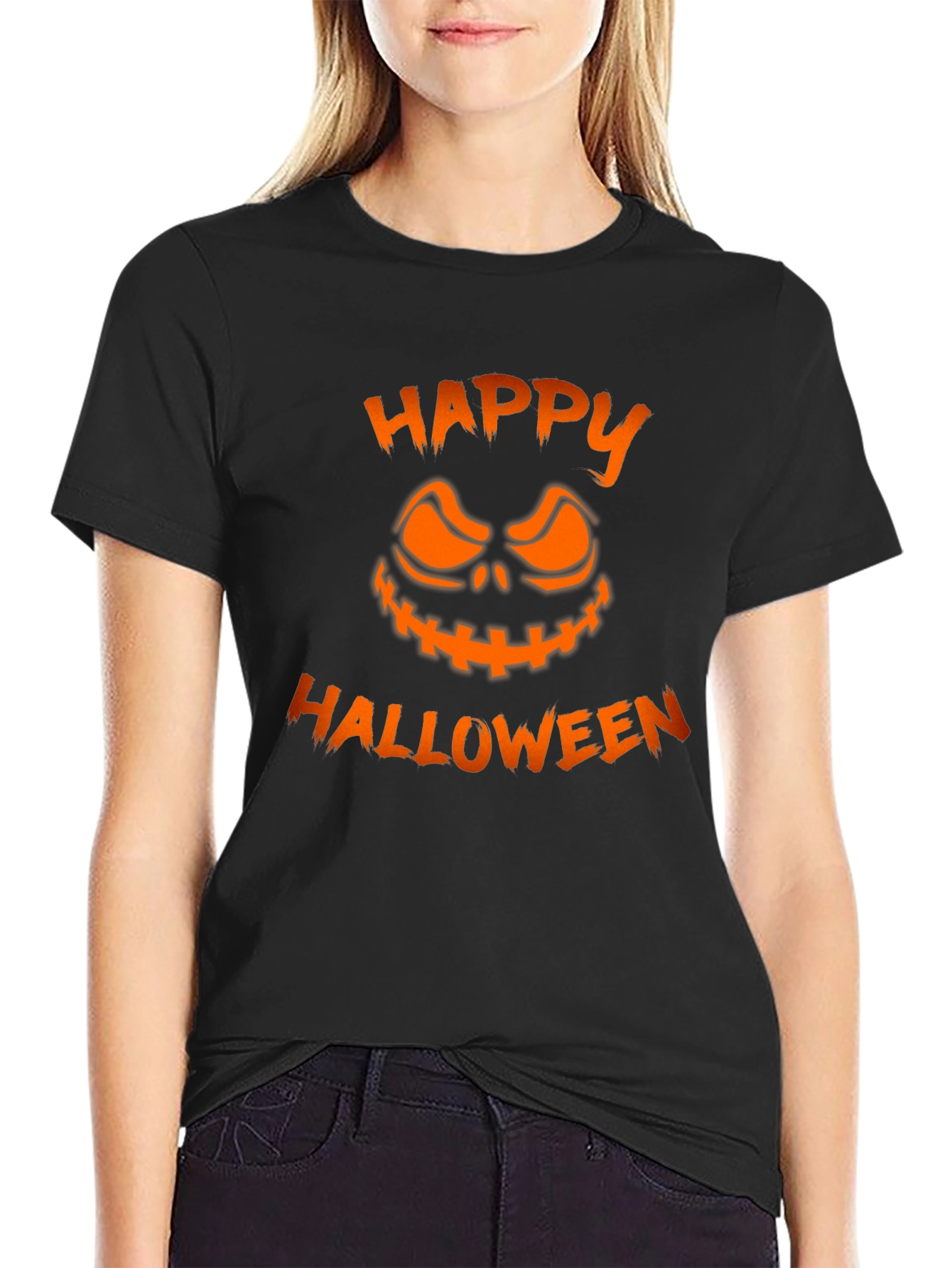 Happy Halloween Pumpkin Face Graphic Tee - Black