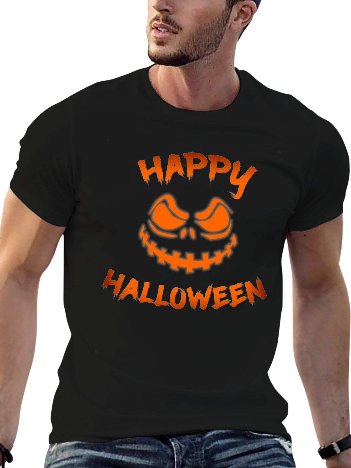 Happy Halloween Pumpkin Face Graphic Tee - Black