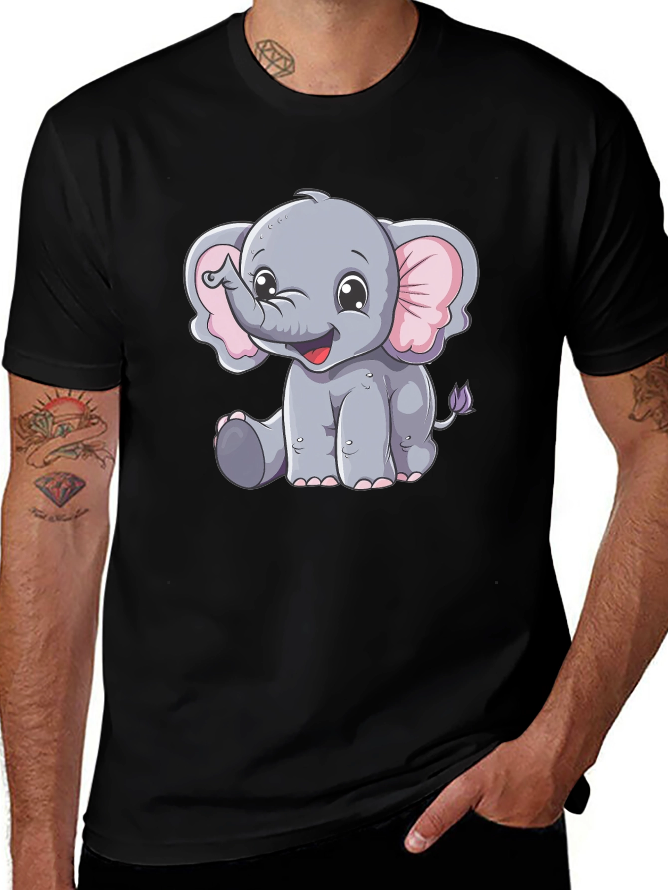 Cute Elephant Graphic Tee - Black