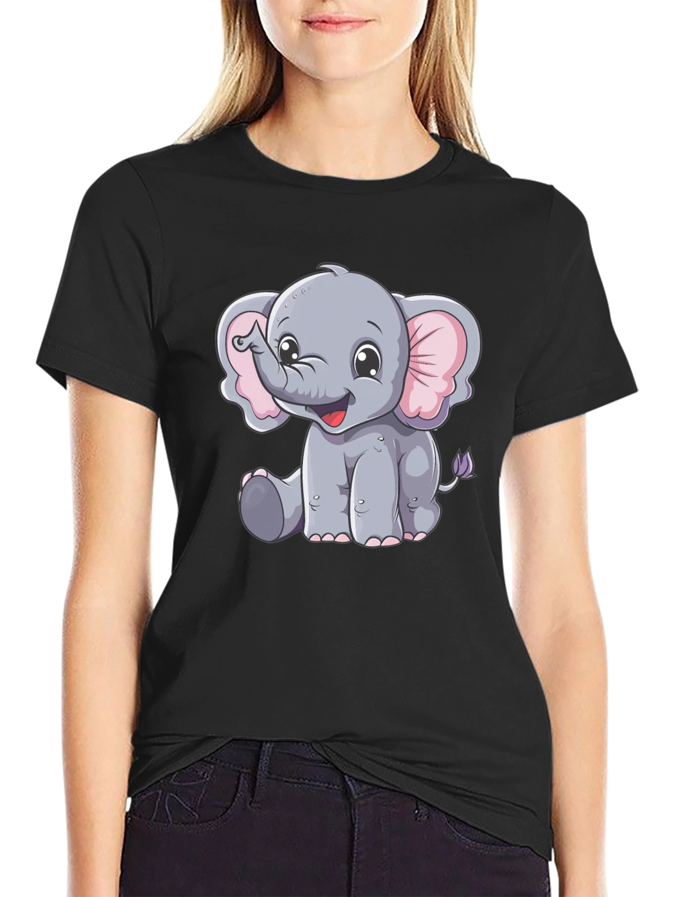 Cute Elephant Graphic Tee - Black