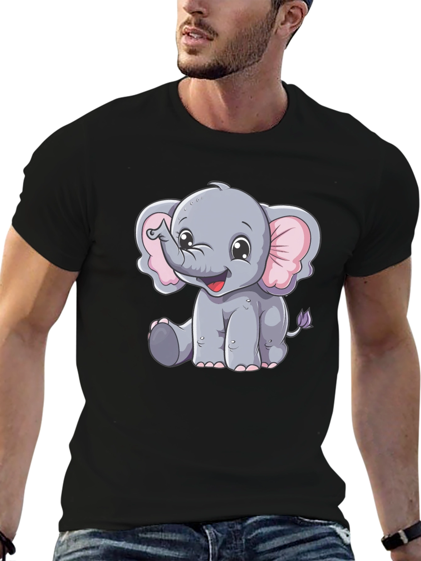 Cute Elephant Graphic Tee - Black