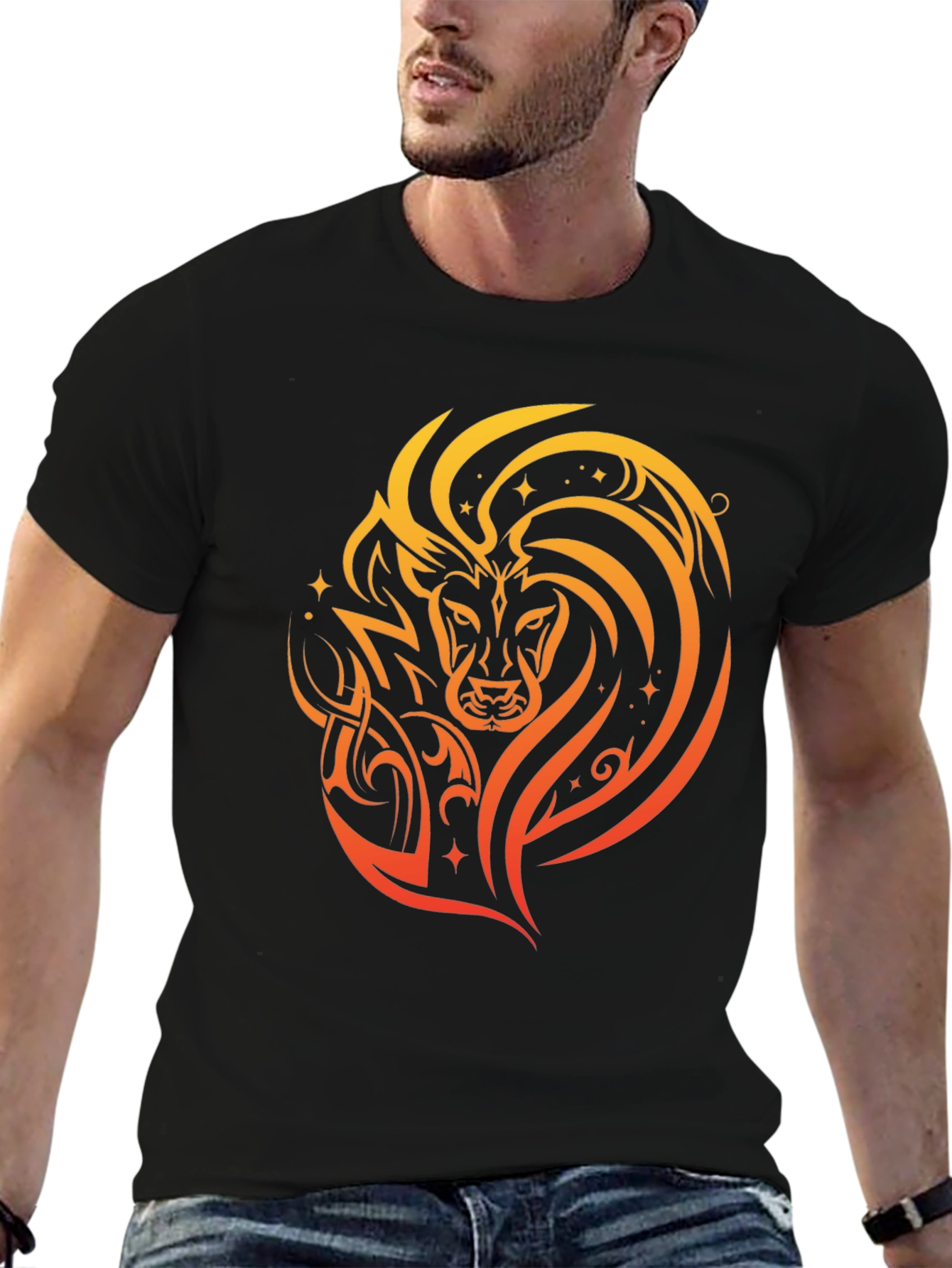 Lion Tribal Art Graphic Print Black T-Shirt