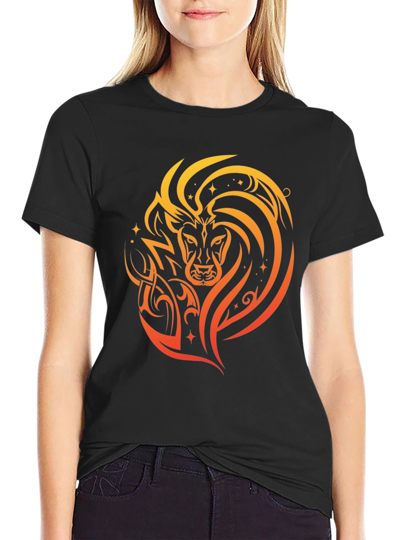 Lion Tribal Art Graphic Print Black T-Shirt