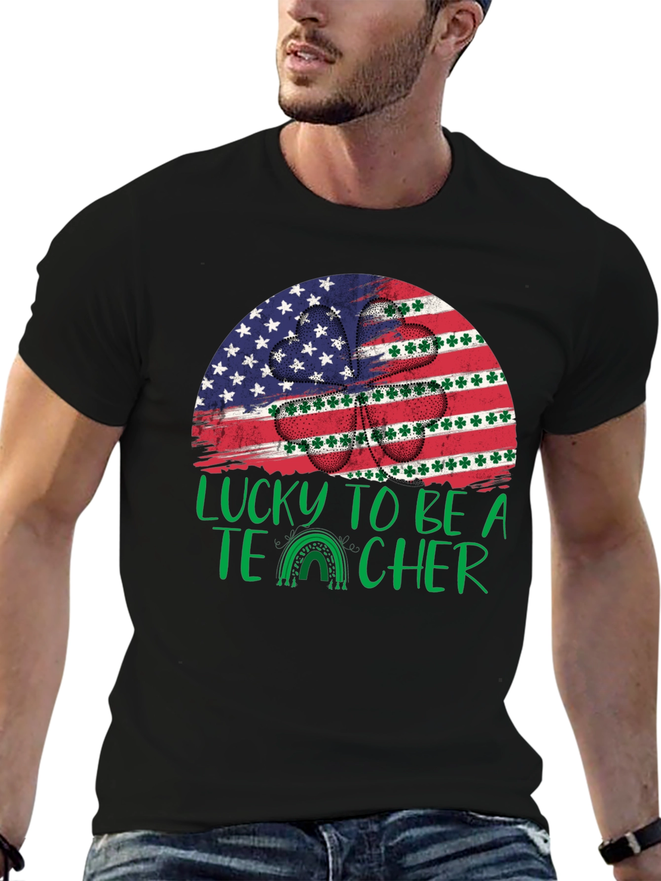 Lucky Teacher St. Patricks Day USA Flag Shamrock T-Shirt