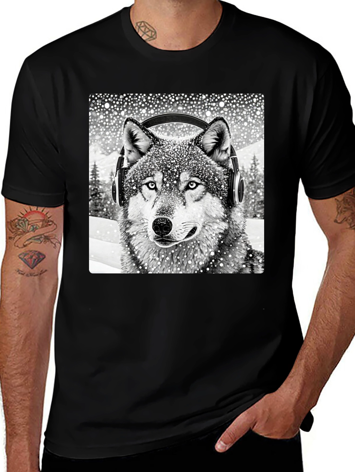 Wolf Headphones Black T-Shirt - Cool Animal Design