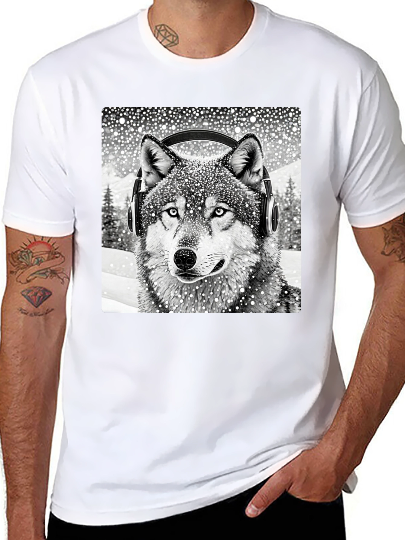 Wolf Headphones Black T-Shirt - Cool Animal Design