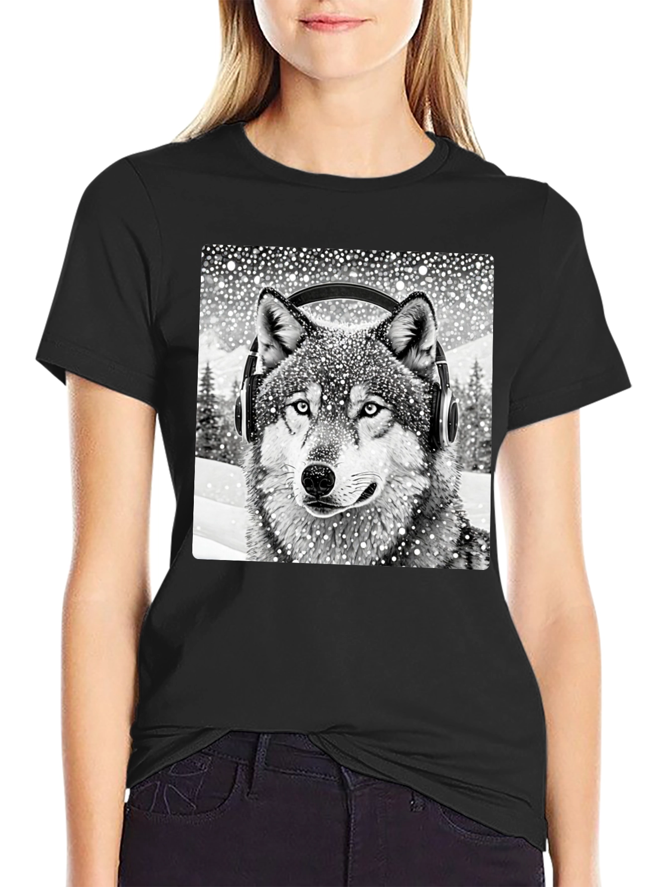 Wolf Headphones Black T-Shirt - Cool Animal Design