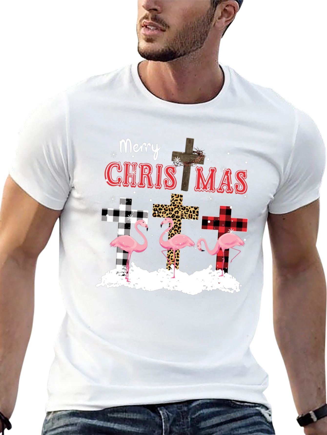 Merry Christmas Flamingo Cross Graphic Tee