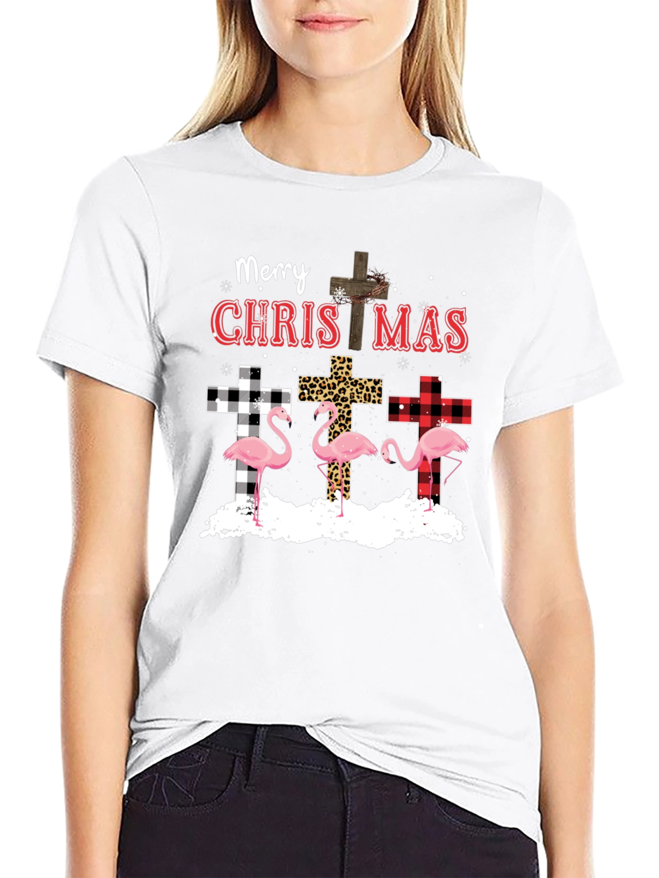 Merry Christmas Flamingo Cross Graphic Tee