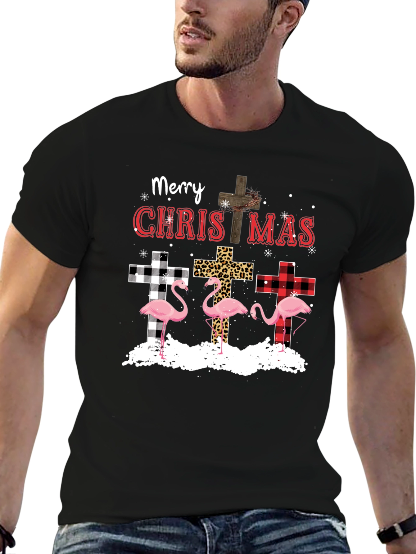 Merry Christmas Flamingo Cross Graphic Tee