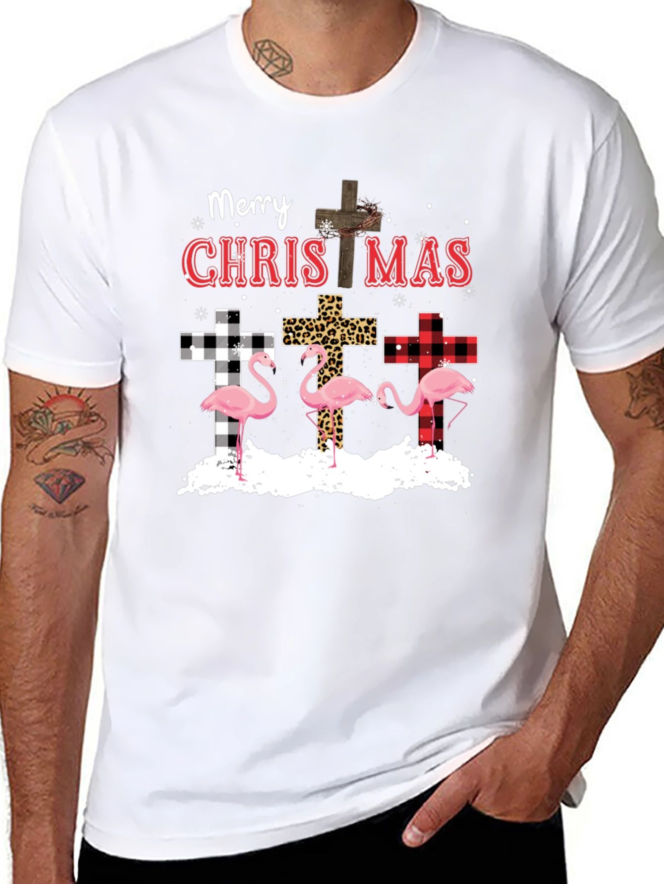 Merry Christmas Flamingo Cross Graphic Tee