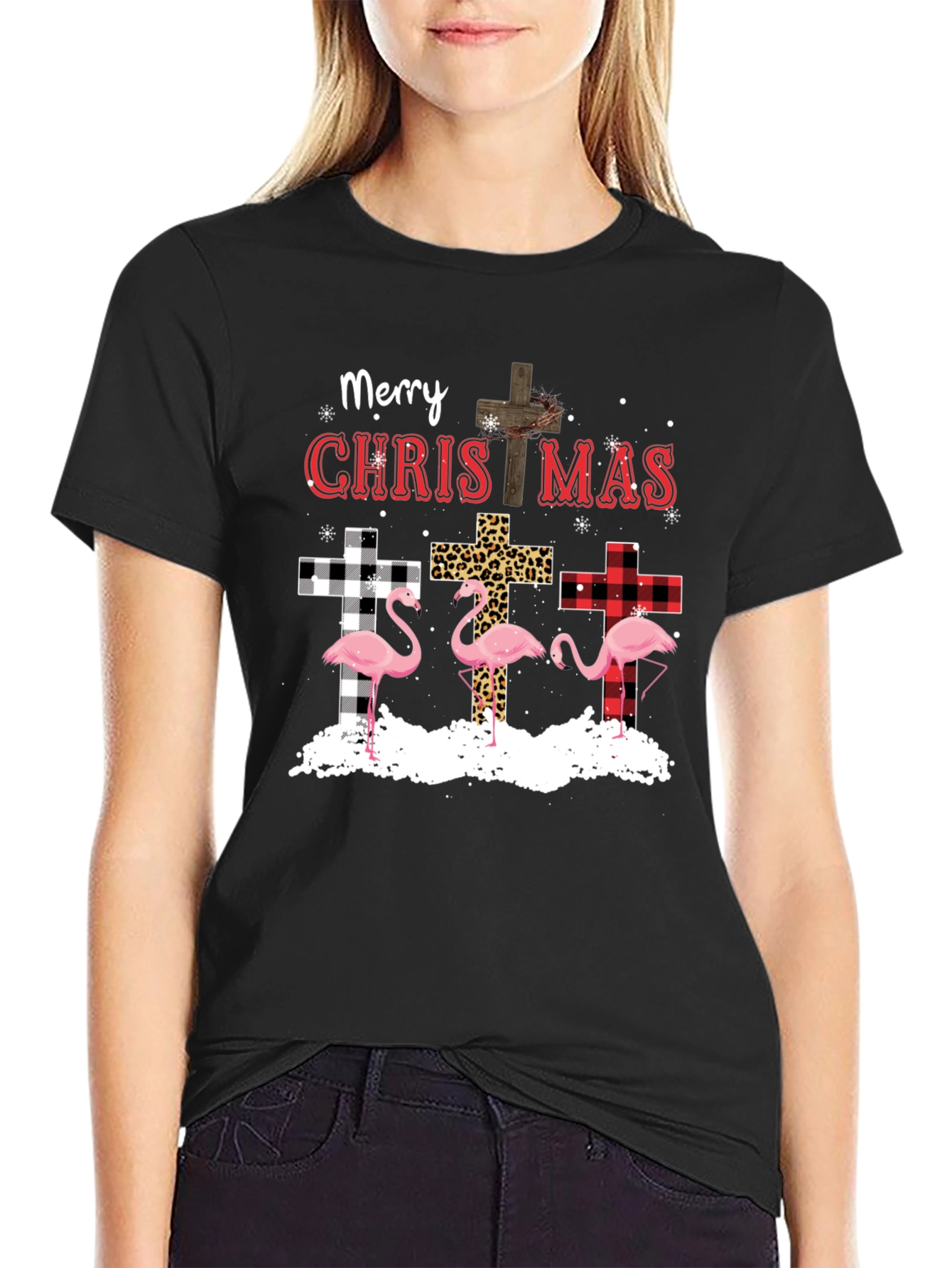 Merry Christmas Flamingo Cross Graphic Tee