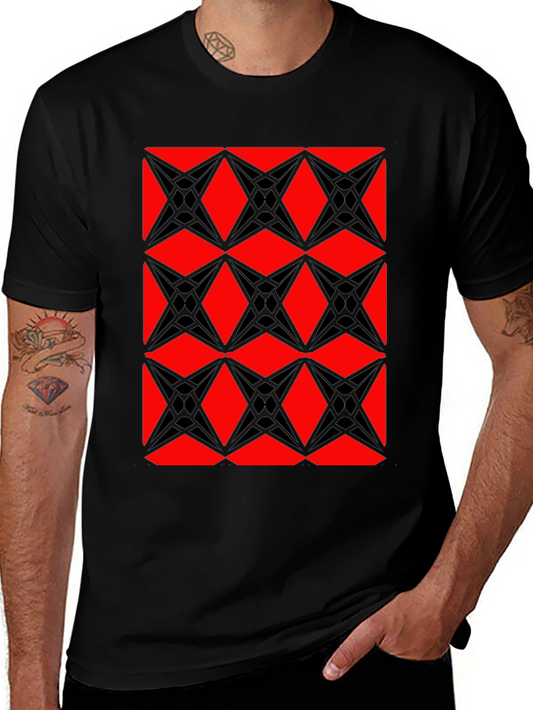 Geometric Starburst Pattern T-Shirt - Red & Black