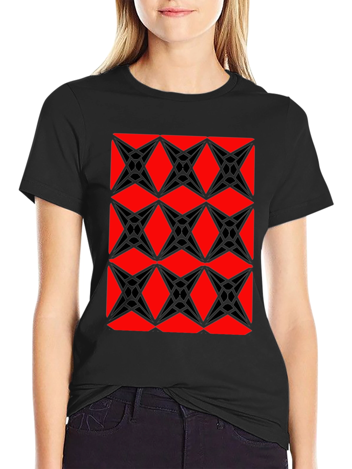 Geometric Starburst Pattern T-Shirt - Red & Black