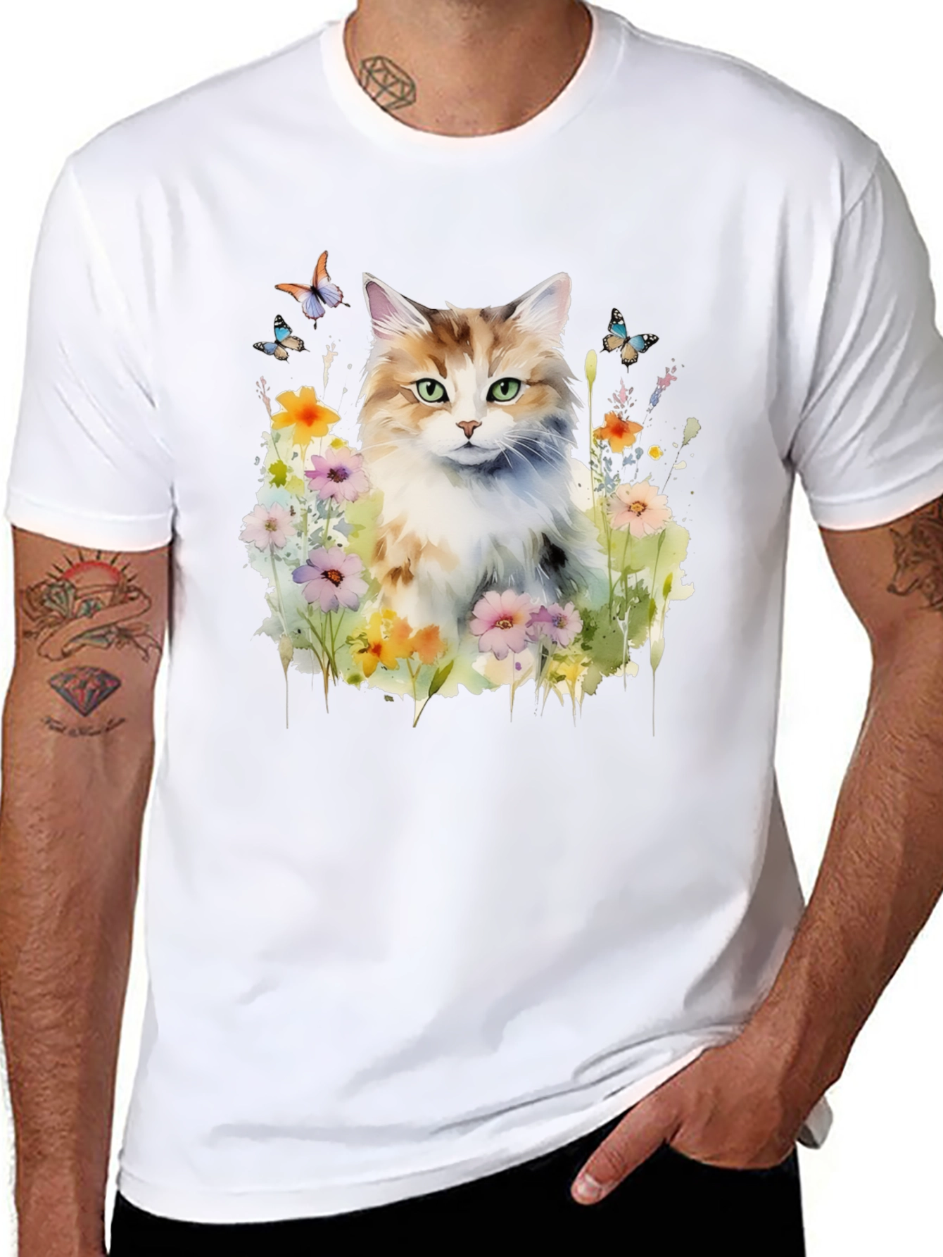 Cat & Flower Graphic Tee - Black