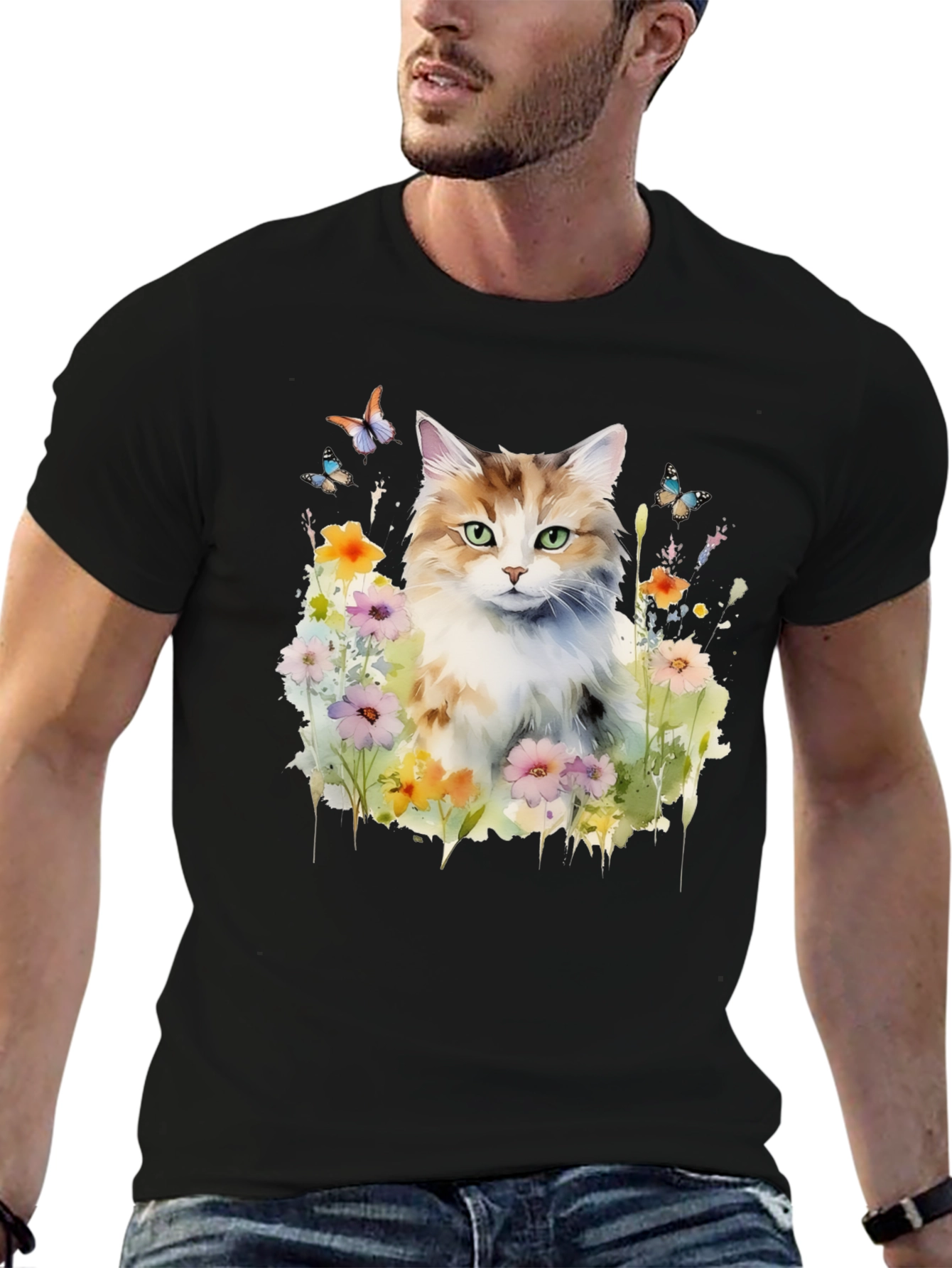 Cat & Flower Graphic Tee - Black