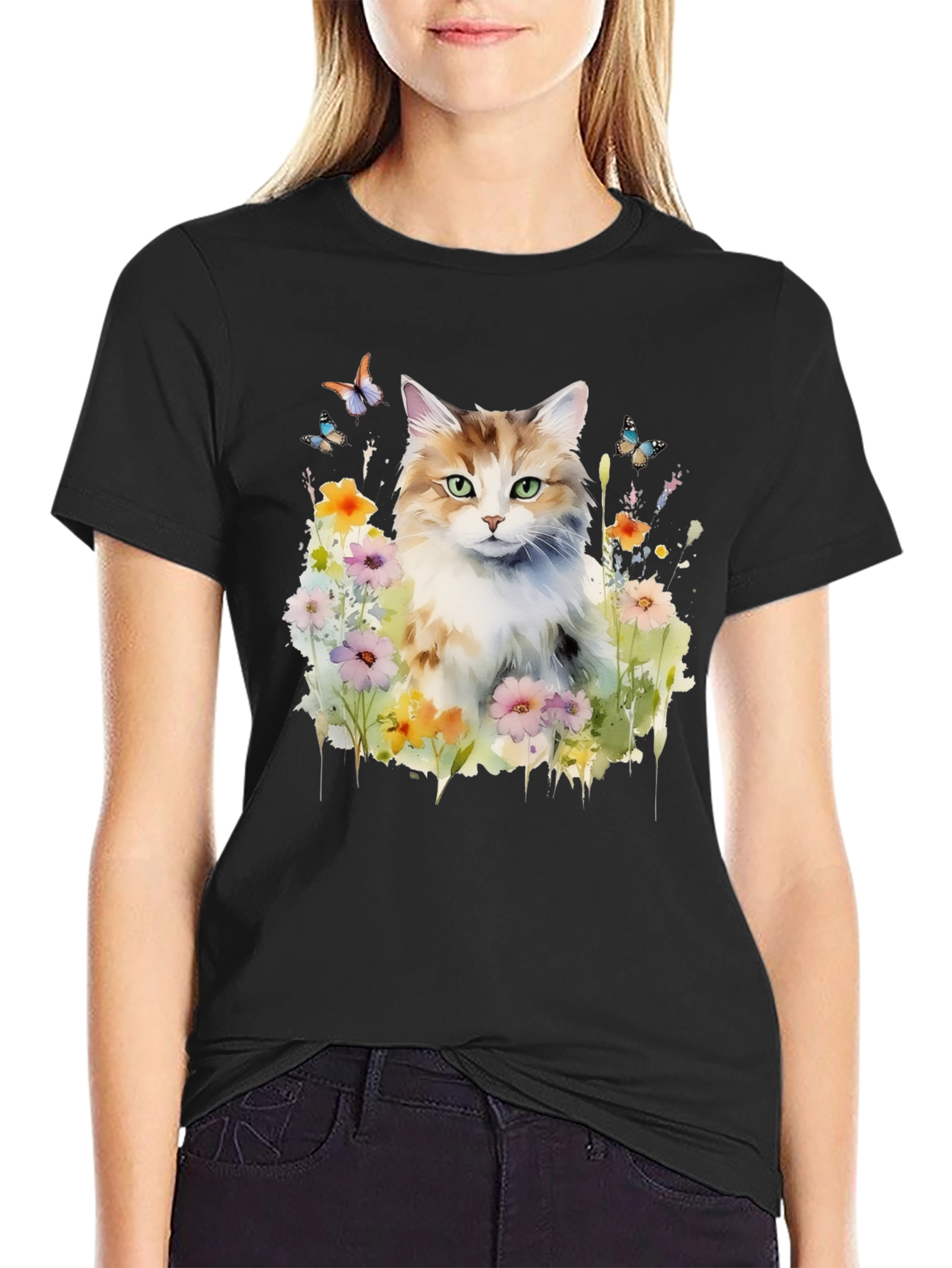 Cat & Flower Graphic Tee - Black