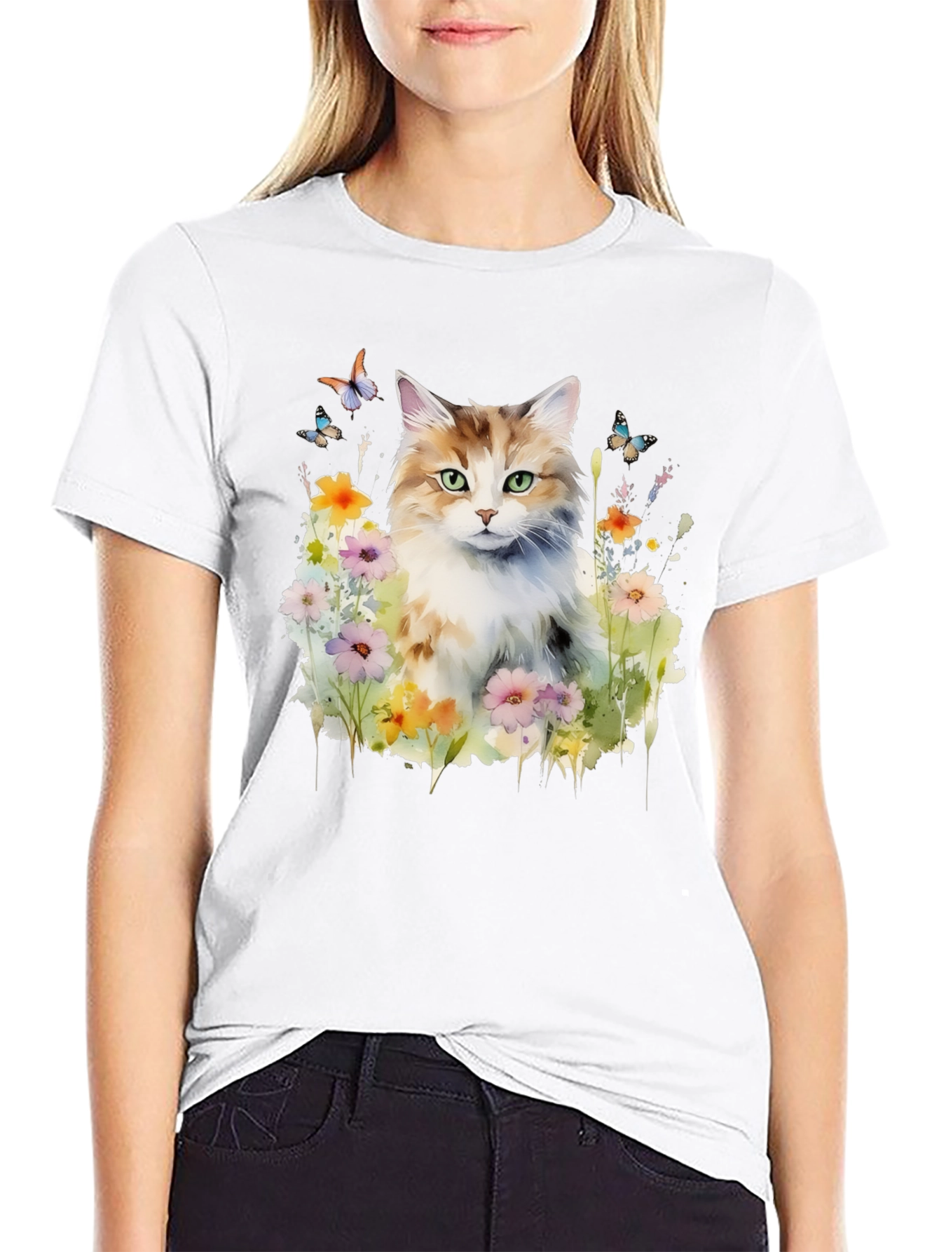 Cat & Flower Graphic Tee - Black