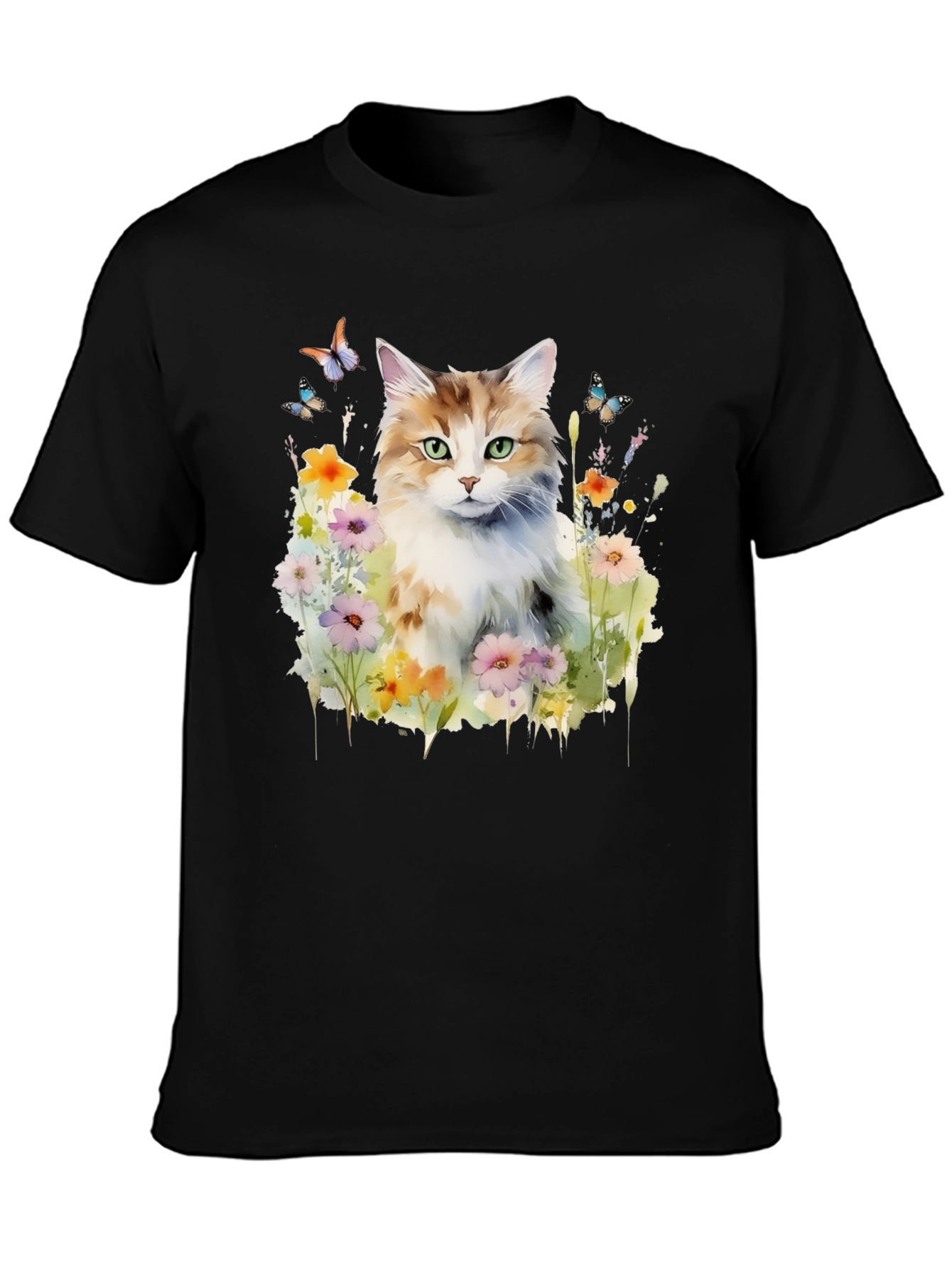 Cat & Flower Graphic Tee - Black